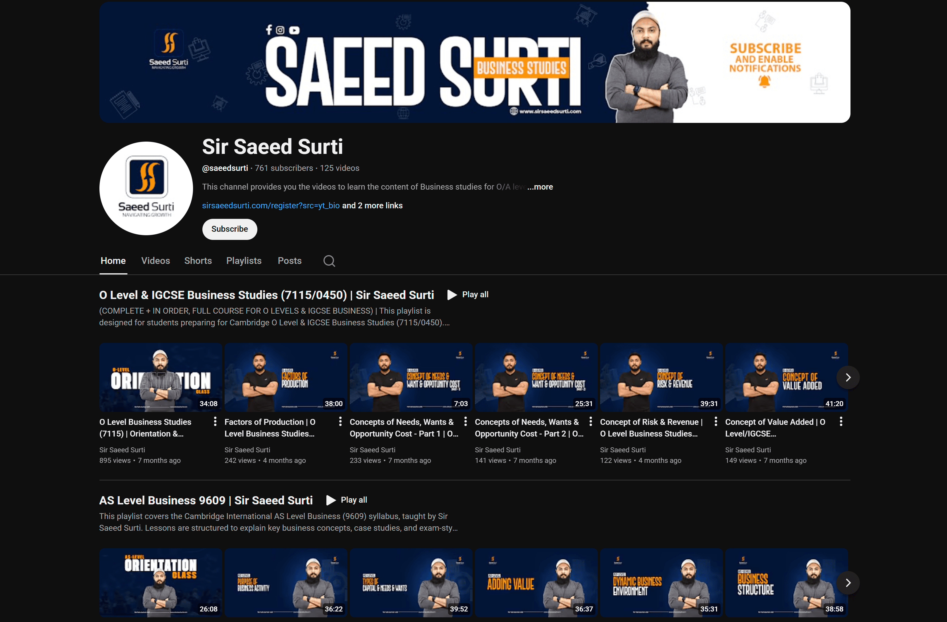 Teacher YouTube channel homepage